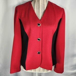 Vintage Leslie Fay Dresses Red & Black V Neck Button Down Short Jacket Size 8